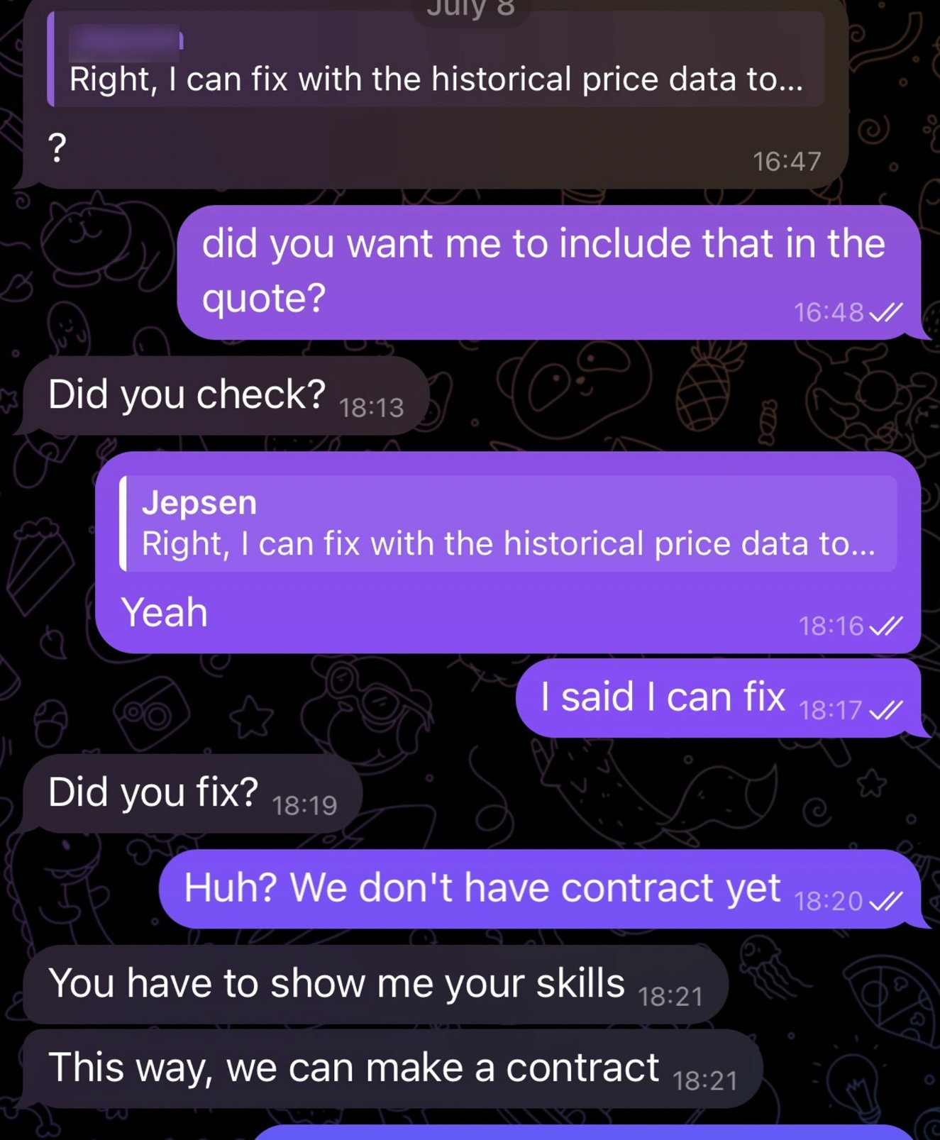 Figure 15. The final communication with the attacker. He stopped responding once I informed the repository contained a flaw and asked if he wished me to analyze and fix it. I could offer it for free to make sure that he was acting in guilty motives.