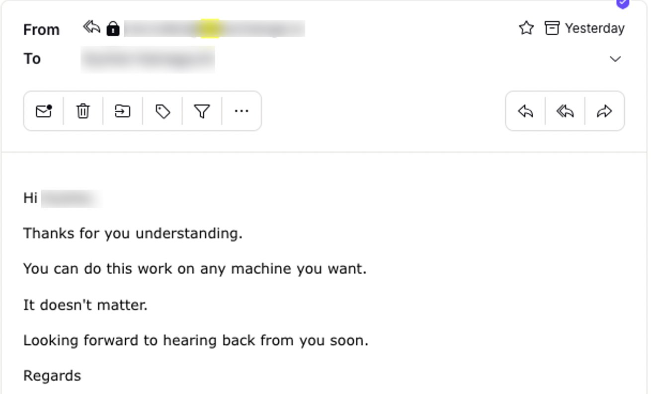 Figure 21. The attacker's response to my bait question, showing indifference to which PC I used (at least on the face), but urgency in getting started.