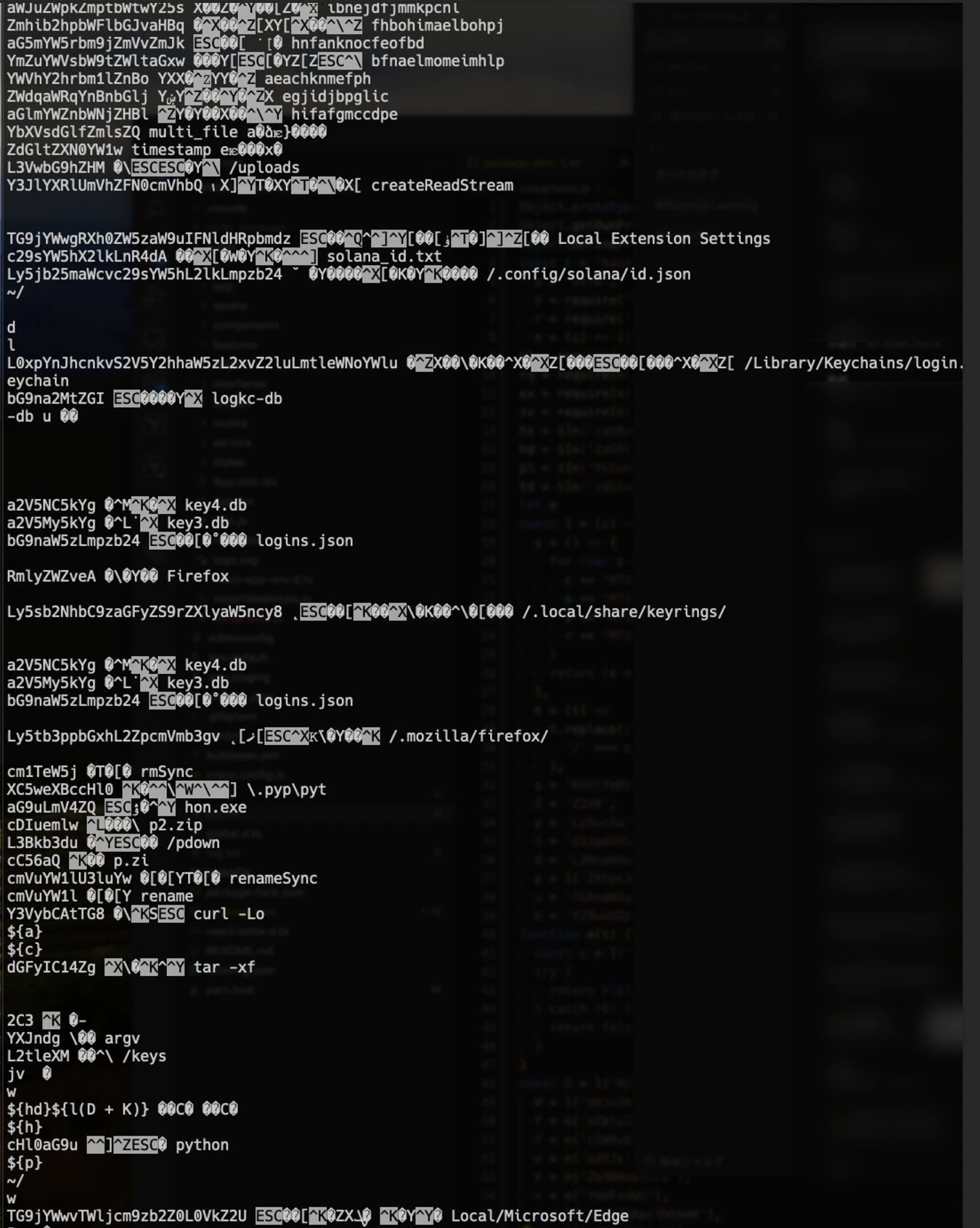 Figure 7. Decoding results of the string literals via two decoding functions. Note that it would attempt reading `keyrings` and and MS Edge profile data. Parts of path names and file names to be fetched over the Internet are also observable.